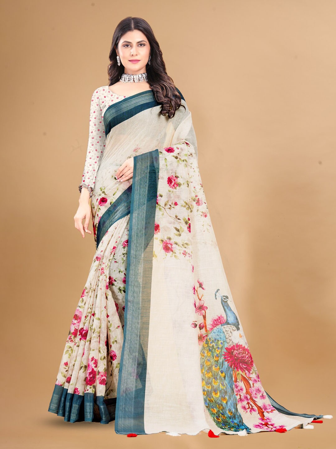 

Inithi Floral Printed Zari Saree, Cream