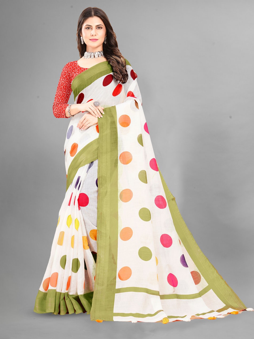 

Inithi Polka Dot Printed Zari Saree, White