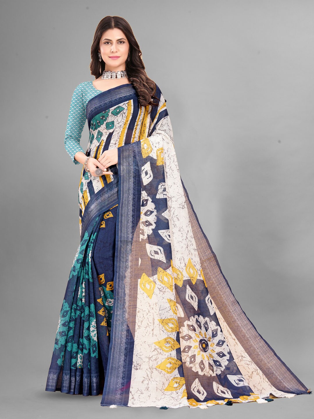 Inithi Floral Printed Zari Saree, Blue