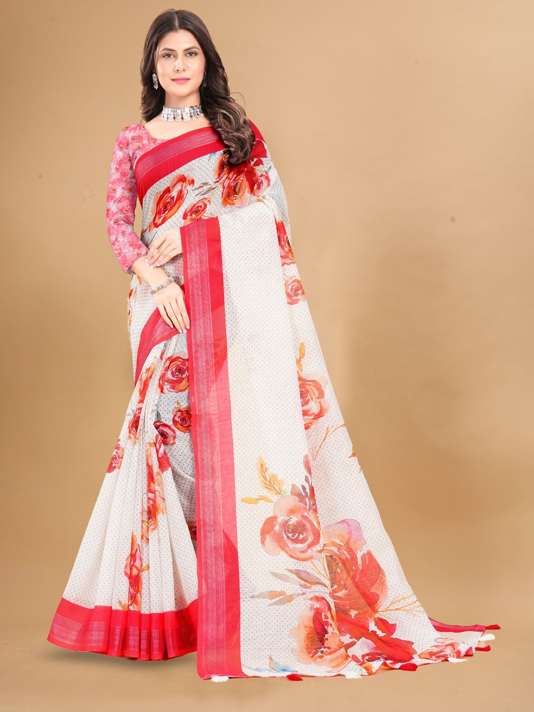 

Inithi Floral Printed Zari Saree, White