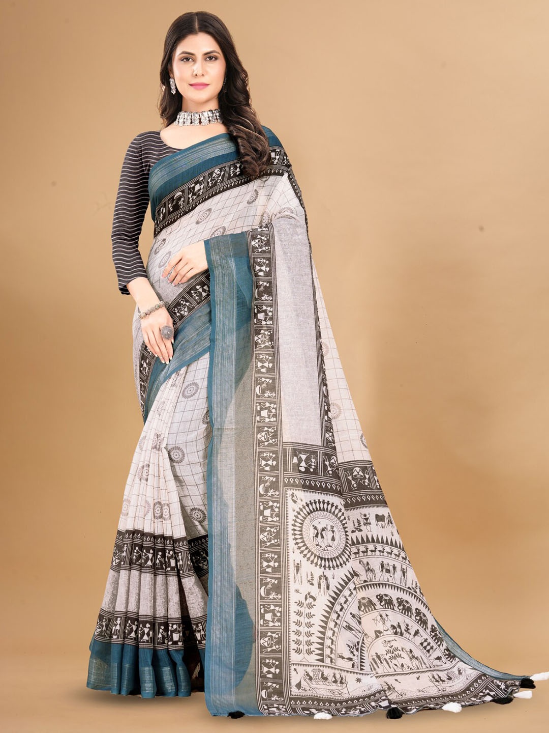 Inithi Floral Printed Zari Saree, Grey