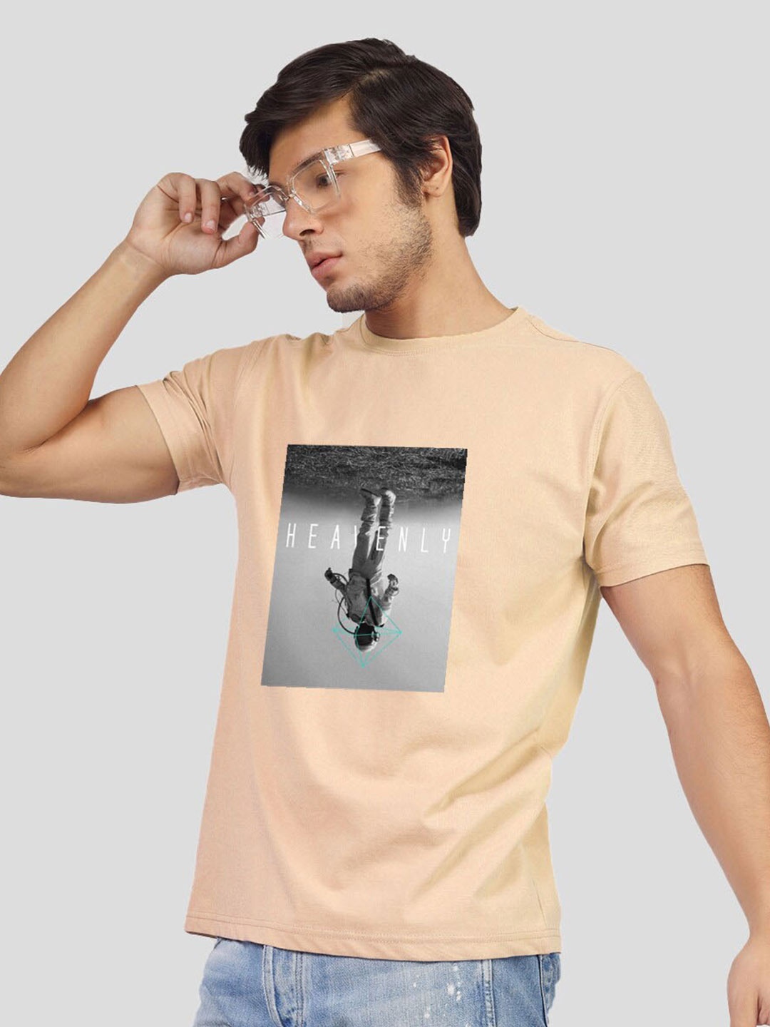 

Greylongg Graphic Printed Round Neck T-shirt, Beige