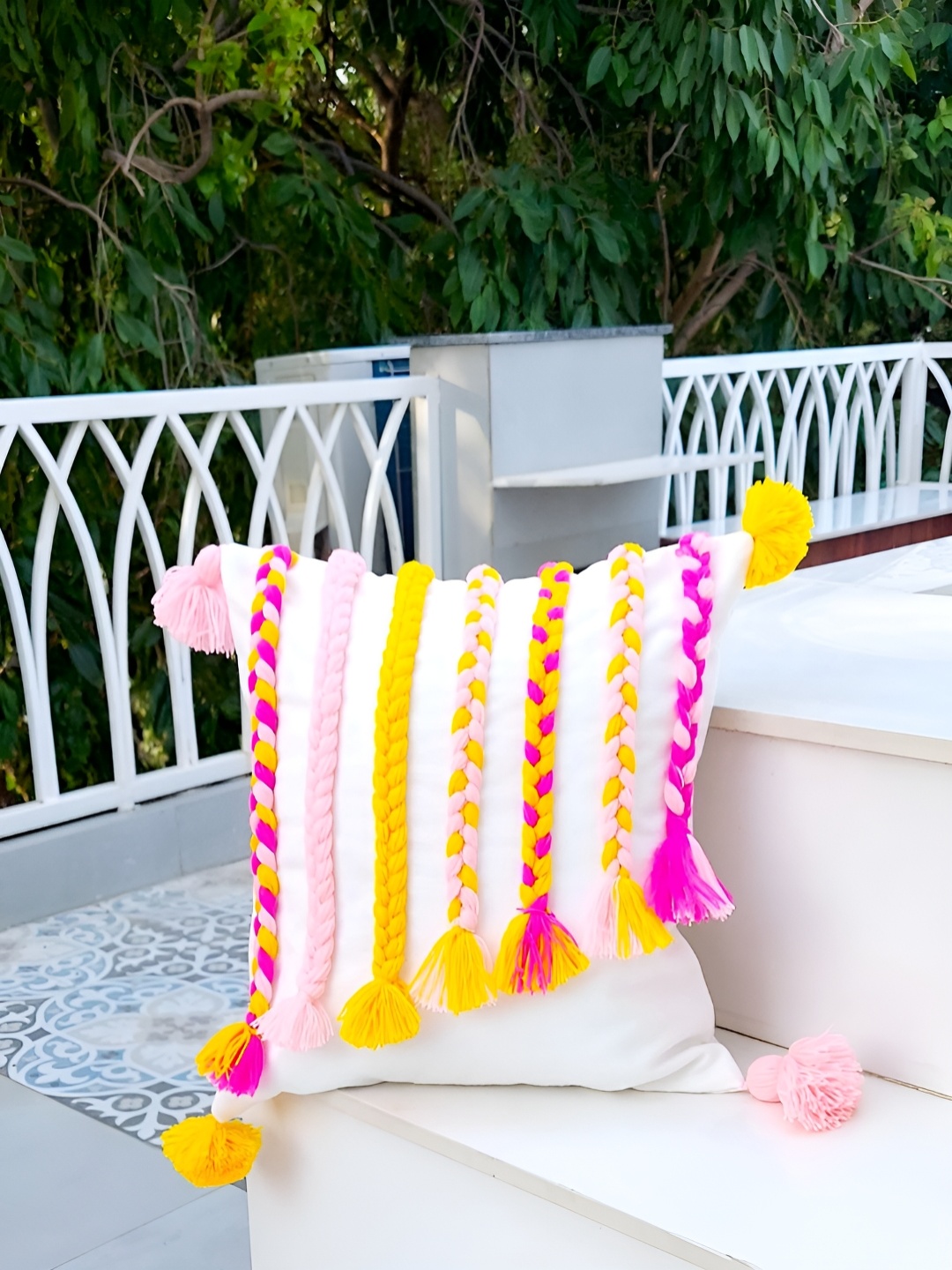 

THROWPILLOW White & Pink Embellished Square Cushion Cover