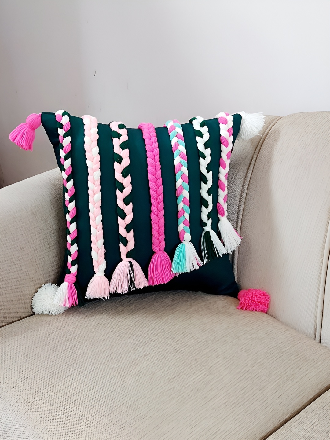 

THROWPILLOW Green & Pink Embroidered Rectangle Cushion Cover