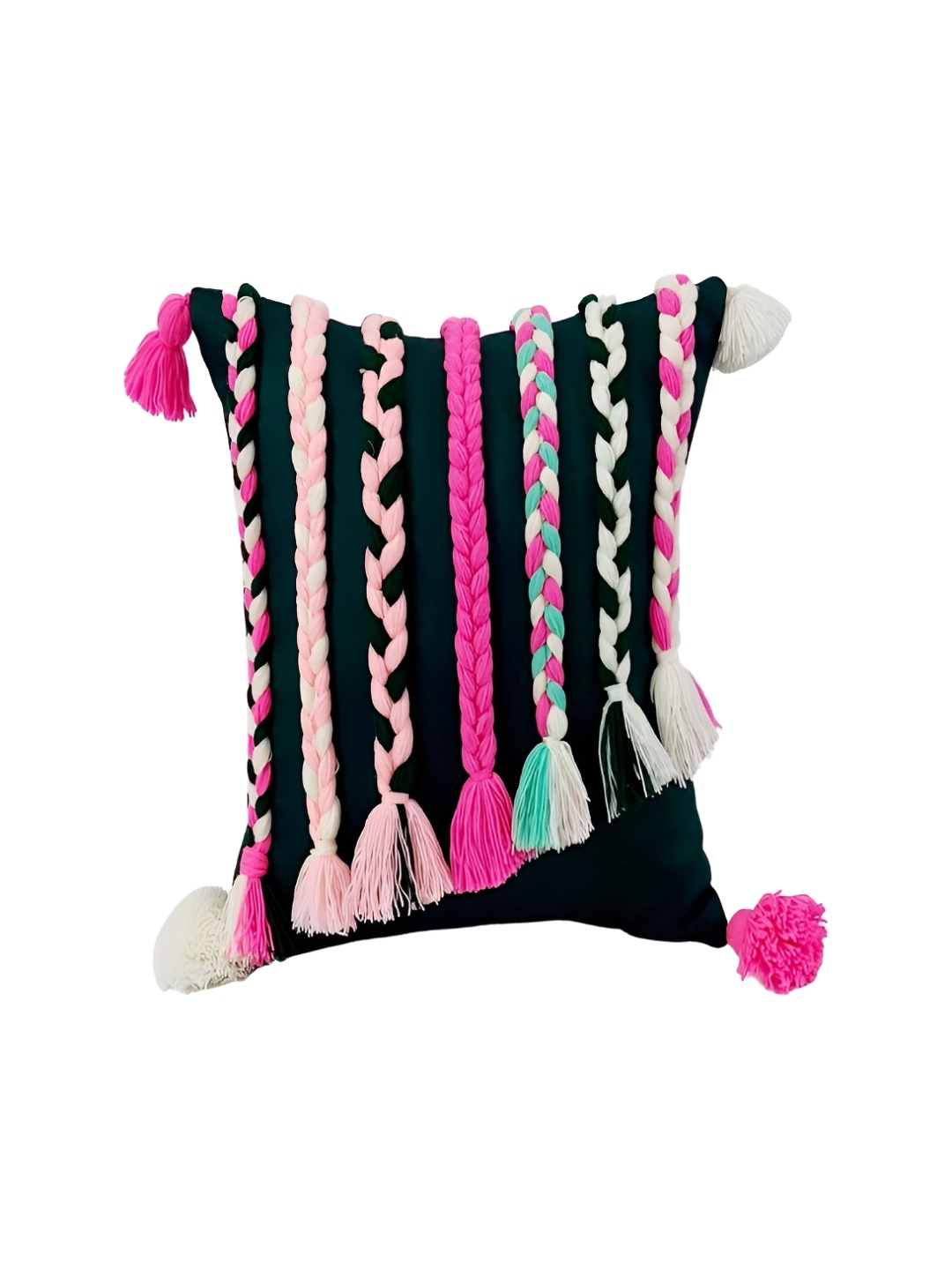 THROWPILLOW Black & Pink Cotton Embroidered Cotton Square Cushion Cover