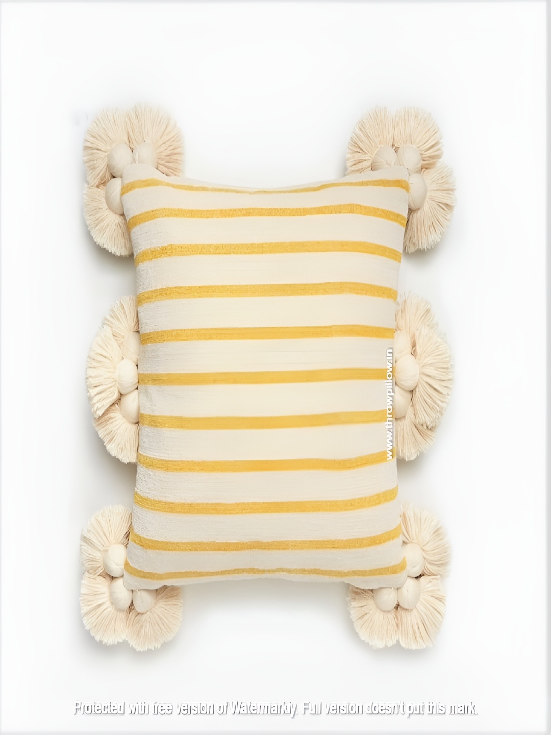 THROWPILLOW Yellow & White Striped Embellished Square Cushion Cover