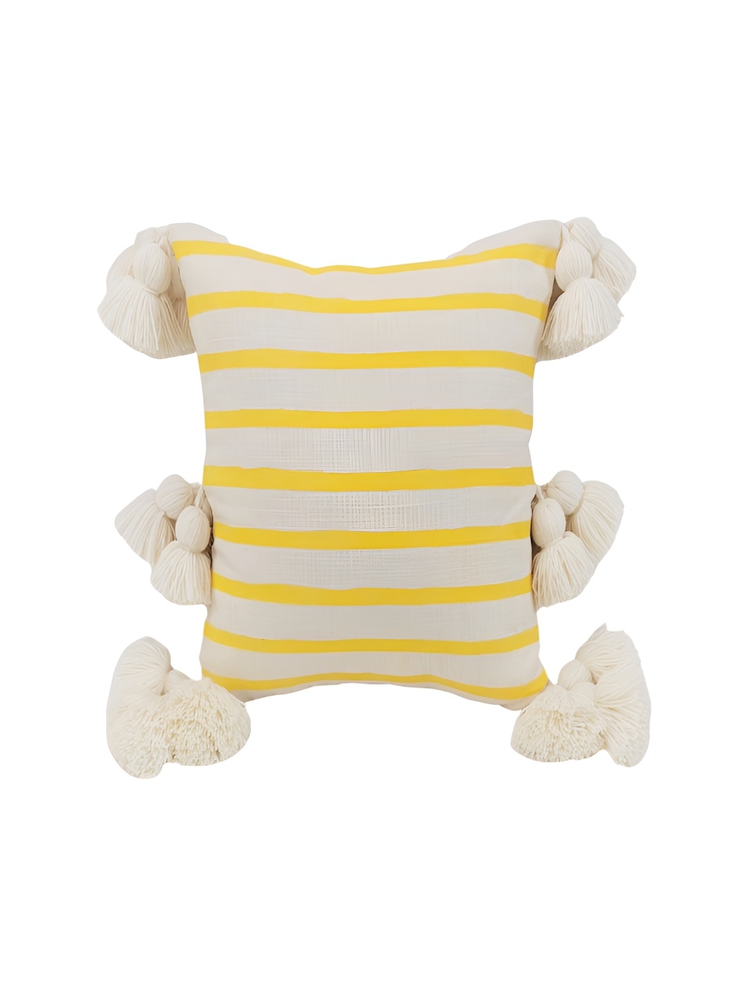 

THROWPILLOW Yellow & White Striped Embellished Cotton Square Cushion Cover