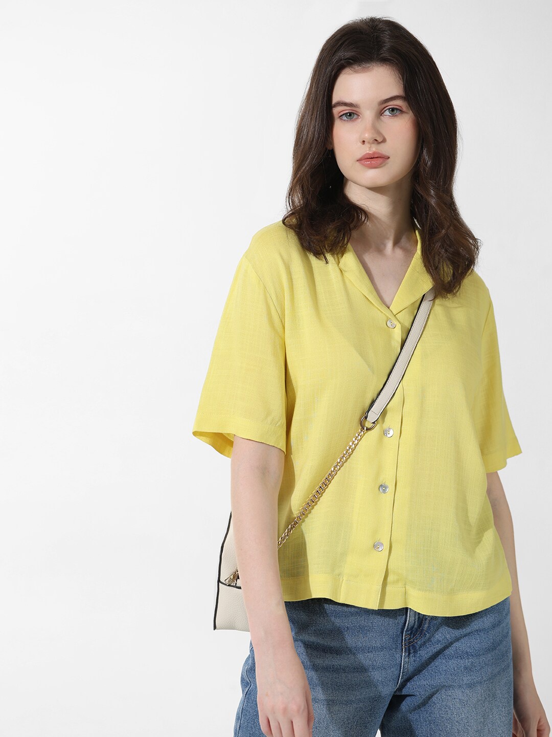 

ONLY ONLCLOSE Cuban Collar Pure Cotton Casual Shirt, Yellow