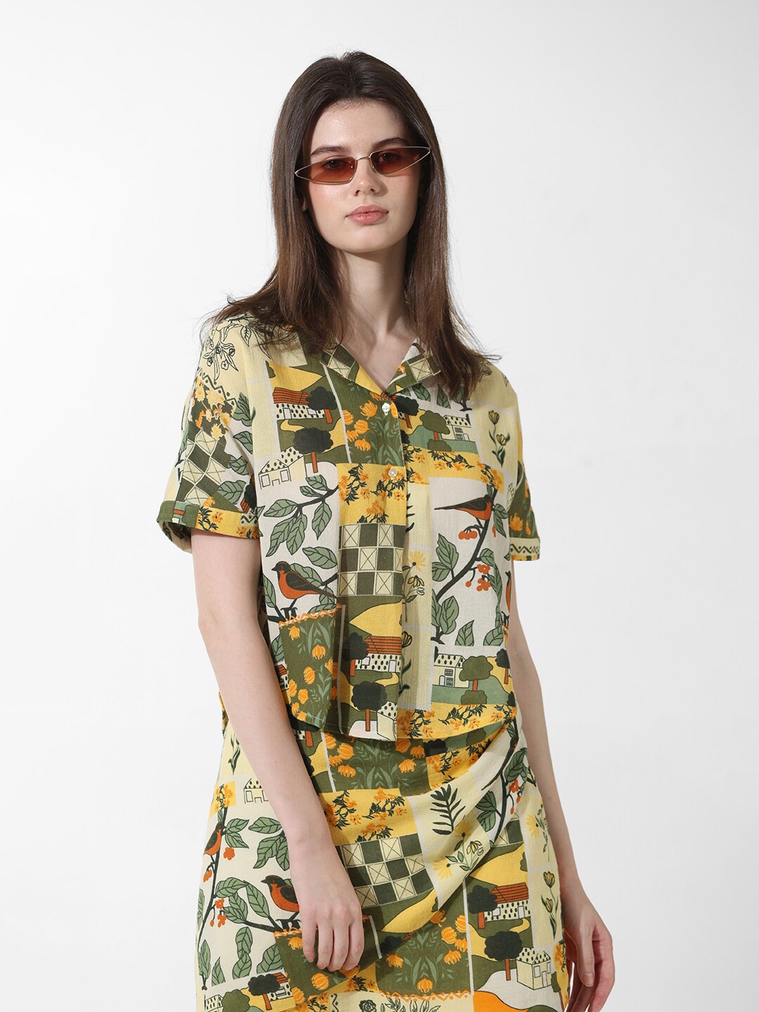 

ONLY ONLSUMMER Floral Printed Cuban Collar Pure Cotton Casual Shirt, Yellow