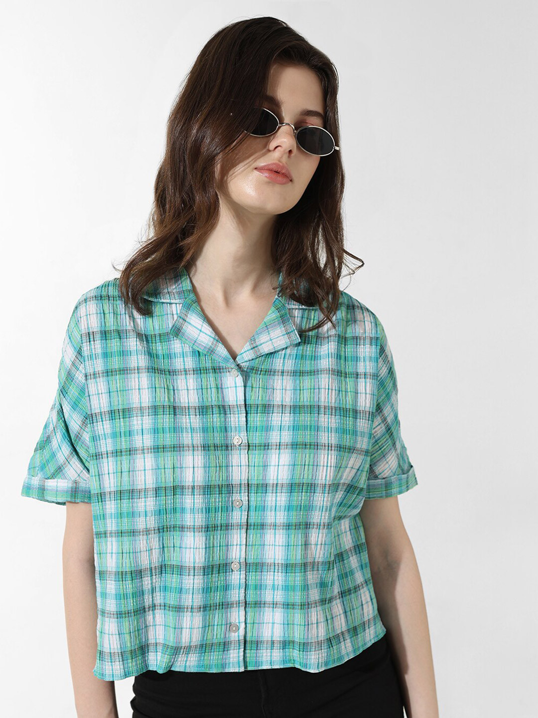 

ONLY ONLVERNON Tartan Checked Cuban Collar Pure Cotton Casual Shirt, Green