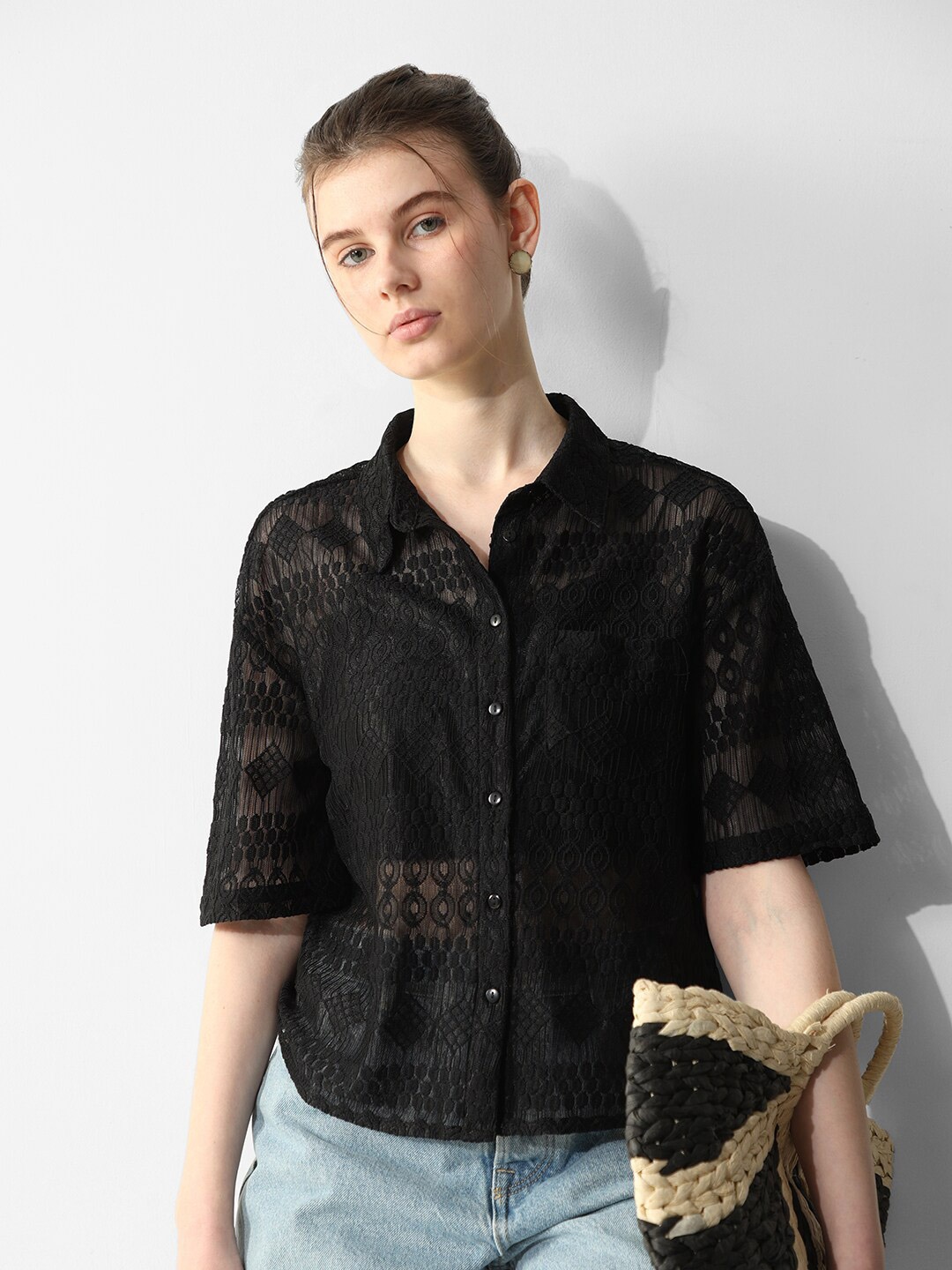 

ONLY ONLLOLO Self Designed Spread Collar Casual Shirt, Black