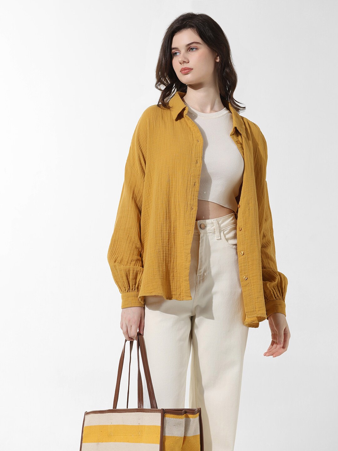 ONLY ONLTHYRA Textured Spread Collar Pure Cotton Casual Oversized Shirt, Yellow