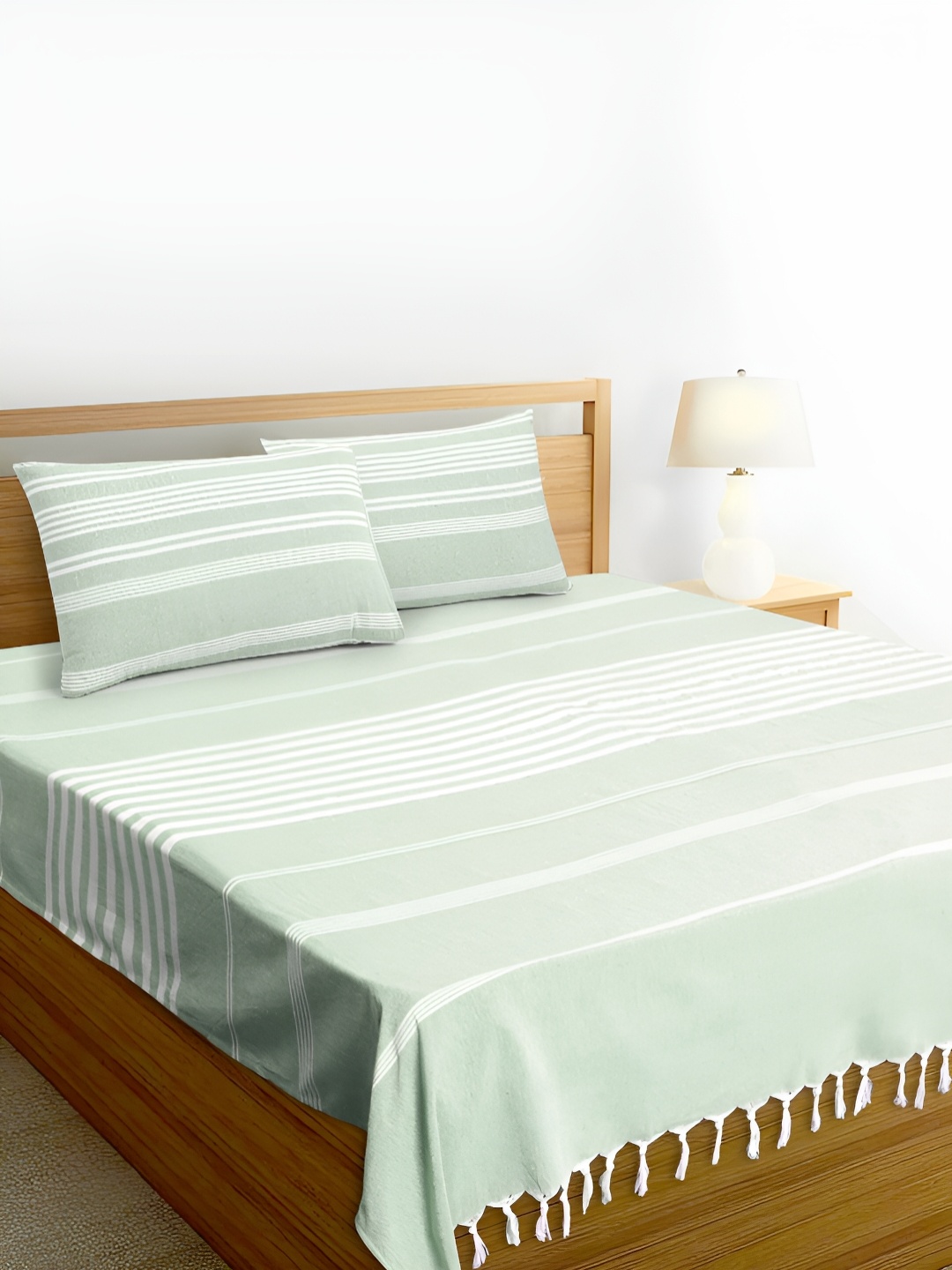 Aura Green & White Striped Pure Handloom Cotton with Tassels Thick Yarn TC King Bedsheet with 2 Pillow Covers Set
