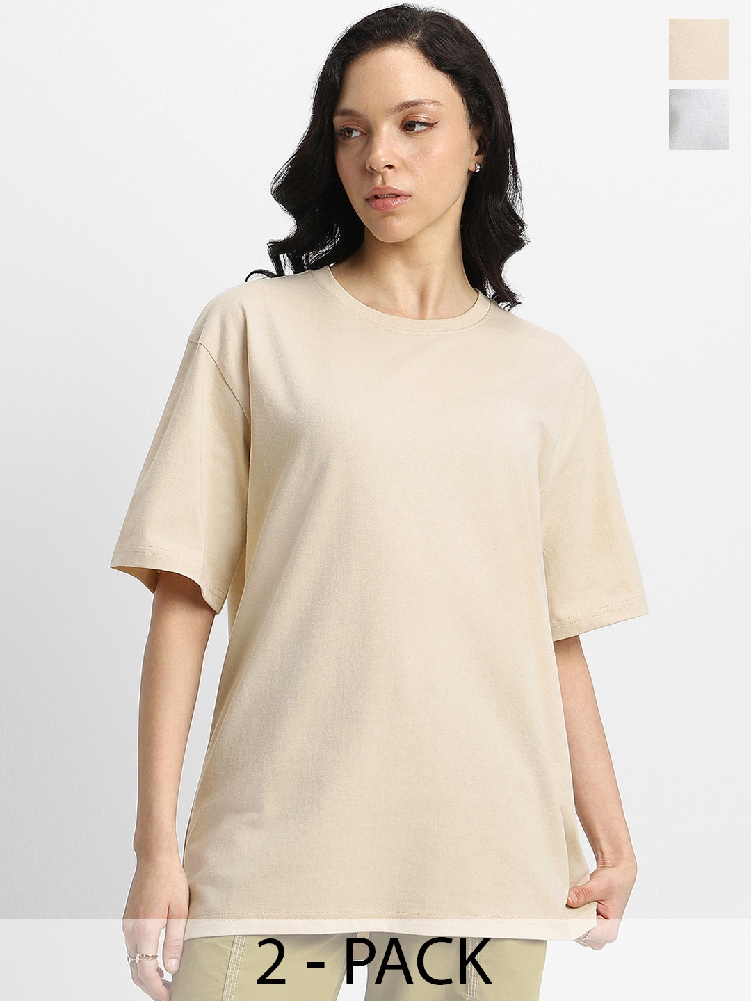 

JUNEBERRY Women Pack Of 2 Solid Round Neck Pure Cotton Oversized Tshirts, Beige