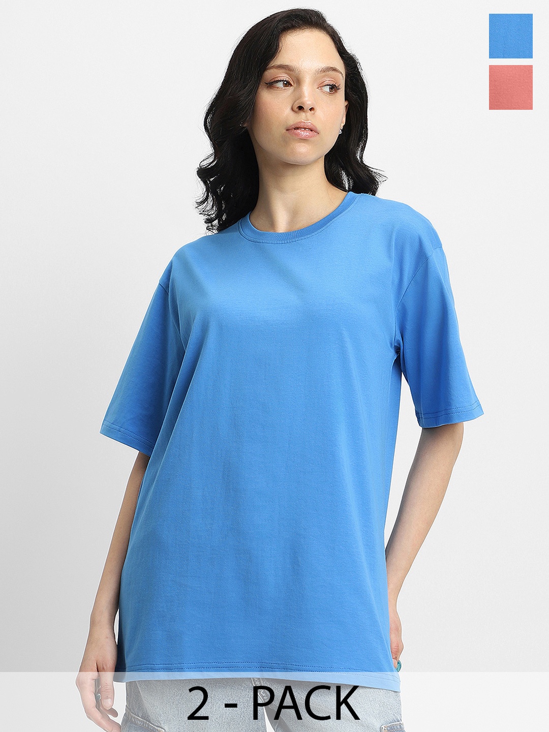 

JUNEBERRY Pack Of 2 Drop-Shoulder Sleeves Oversized Pure Cotton T-shirts, Blue