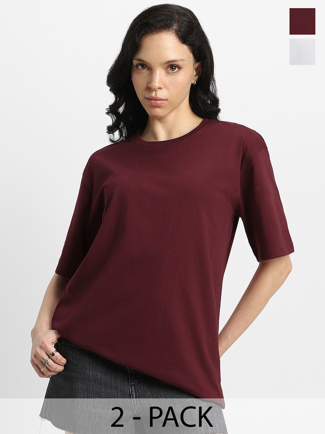 

JUNEBERRY Pack Of 2 Oversized Drop-Shoulder Sleeves Pure Cotton T-shirts, Brown