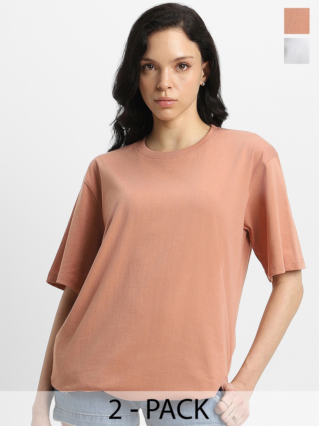 

JUNEBERRY Pack Of 2 Round Neck Pure Cotton Oversized T-shirt, Peach