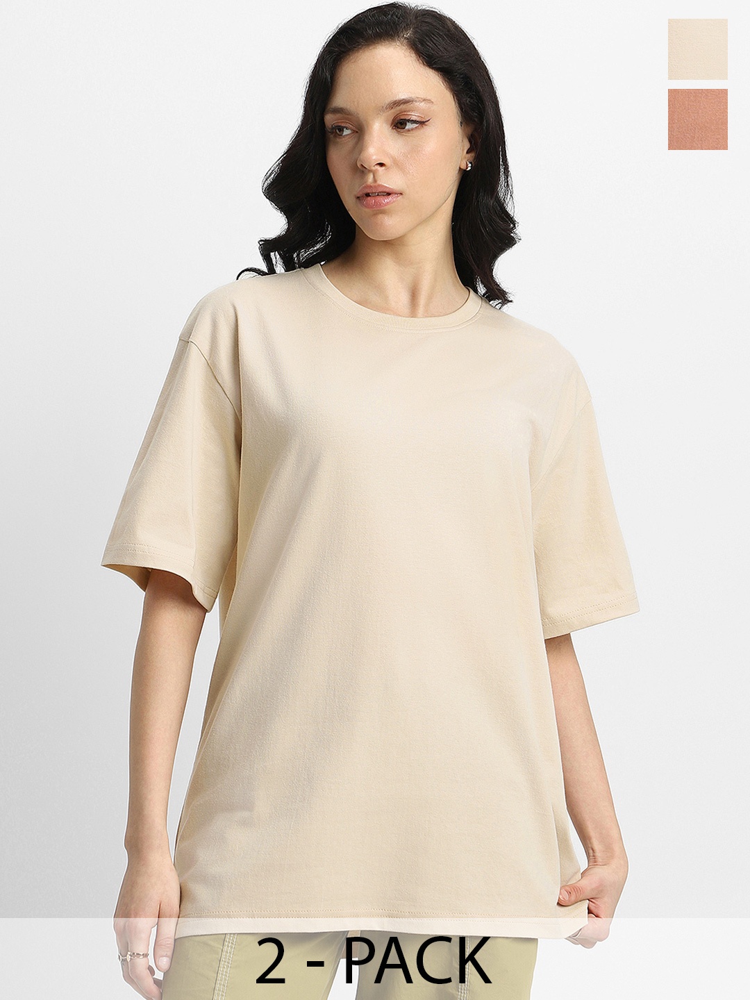 

JUNEBERRY Pack Of 2 Round Neck Pure Cotton Oversized T-shirt, Peach