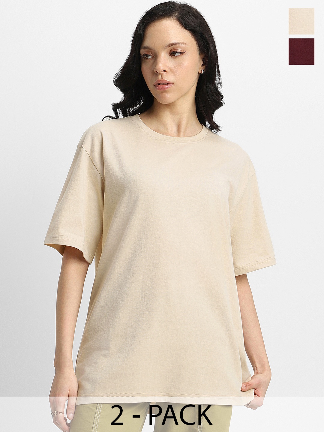 

JUNEBERRY Women Pack Of 2 Solid Round Neck Pure Cotton Oversized Tshirts, Beige