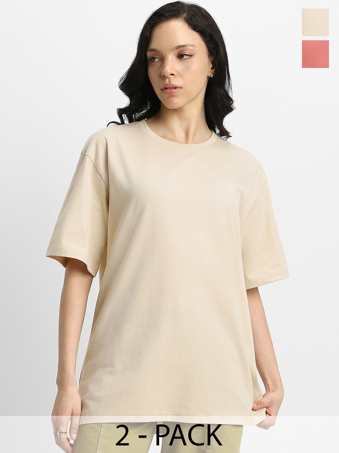 

JUNEBERRY Pack Of 2 Oversized Pure Cotton T-shirts, Beige
