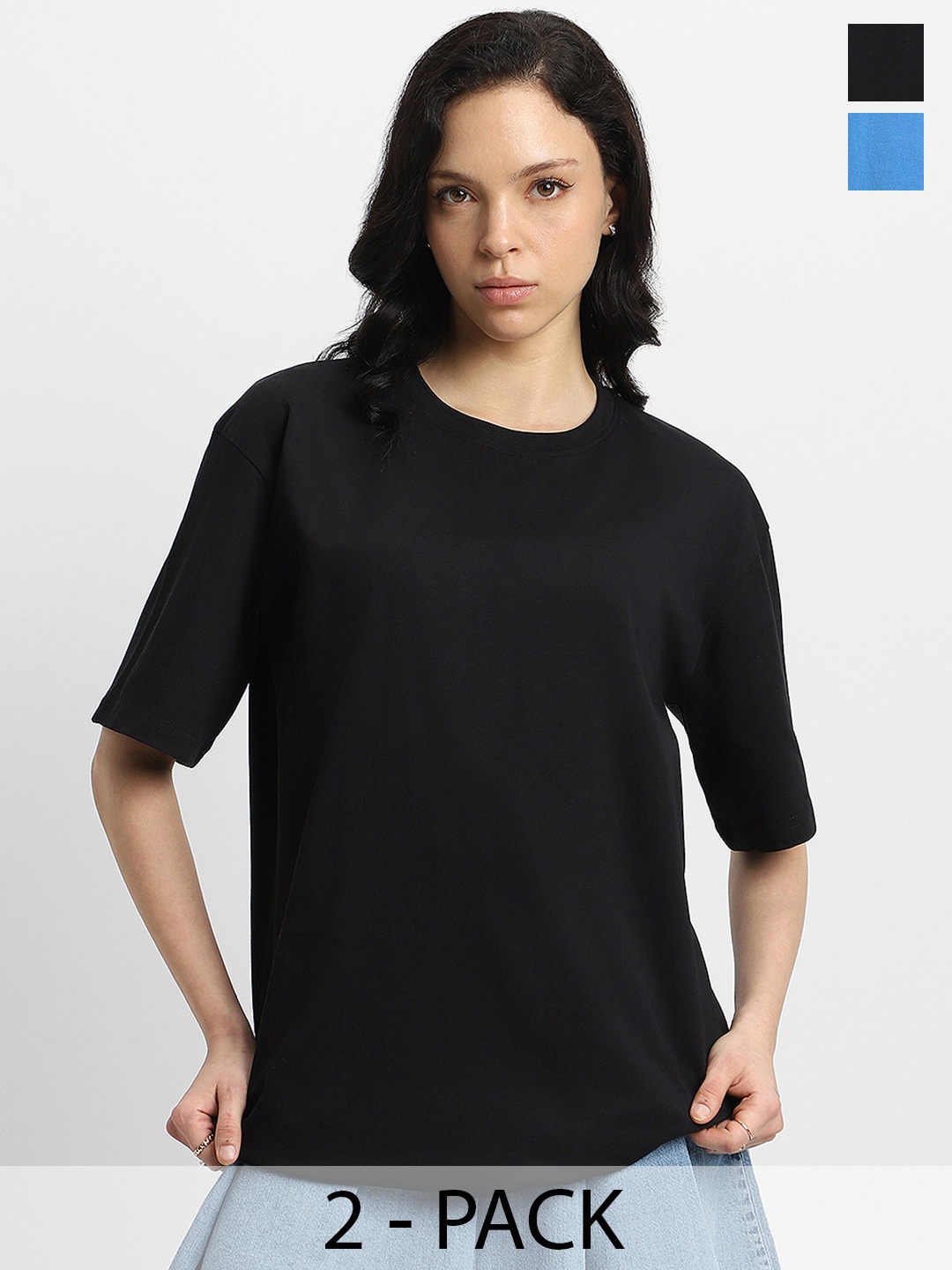 

JUNEBERRY Pack Of 2 Drop-Shoulder Sleeves Oversized Pure Cotton T-shirts, Black