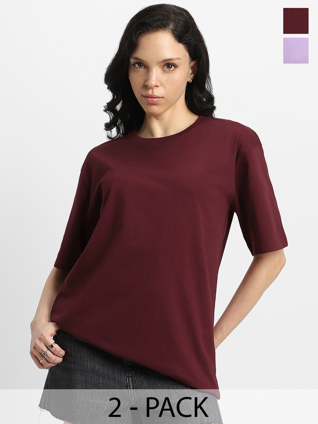 

JUNEBERRY Pack Of 2 Drop-Shoulder Sleeves Oversized Pure Cotton T-shirts, Brown