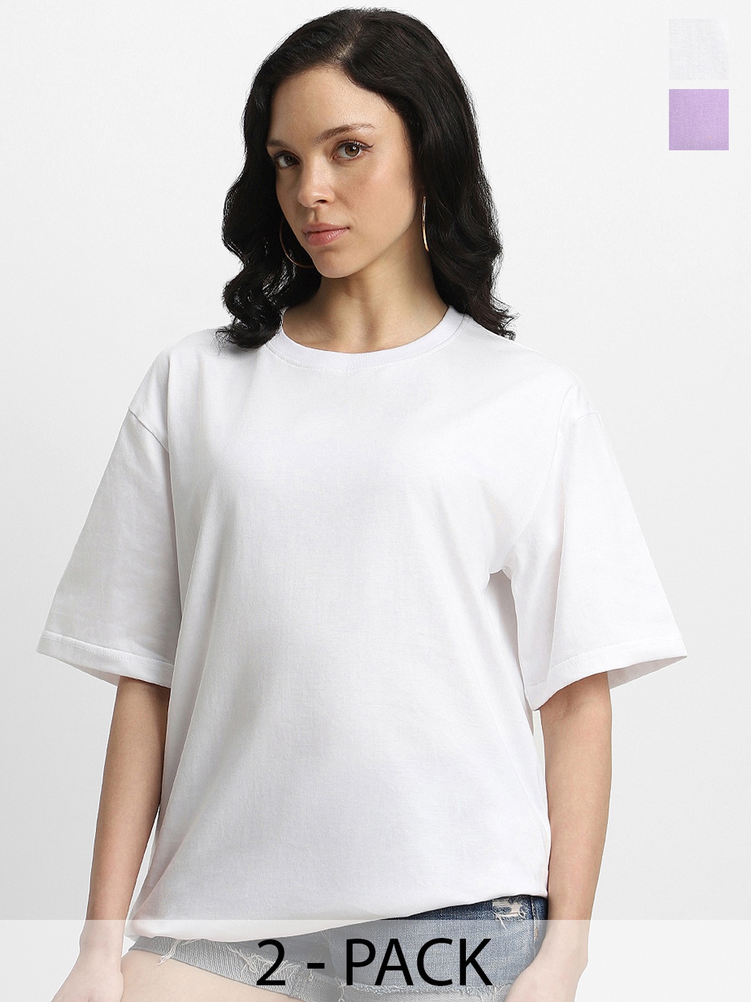 

JUNEBERRY Pack Of 2 Oversized Drop-Shoulder Sleeves Pure Cotton T-shirts, White