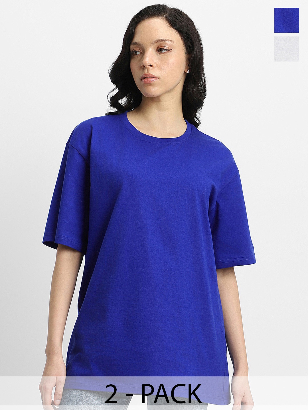 

JUNEBERRY Pack Of 2 Drop-Shoulder Sleeves Oversized Pure Cotton T-shirts, Blue