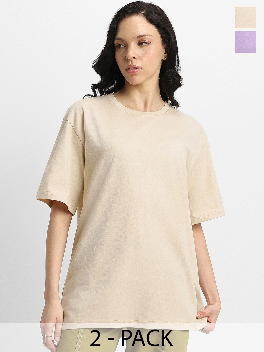 

JUNEBERRY Pack Of 2 Drop-Shoulder Sleeves Oversized Pure Cotton T-shirts, Beige