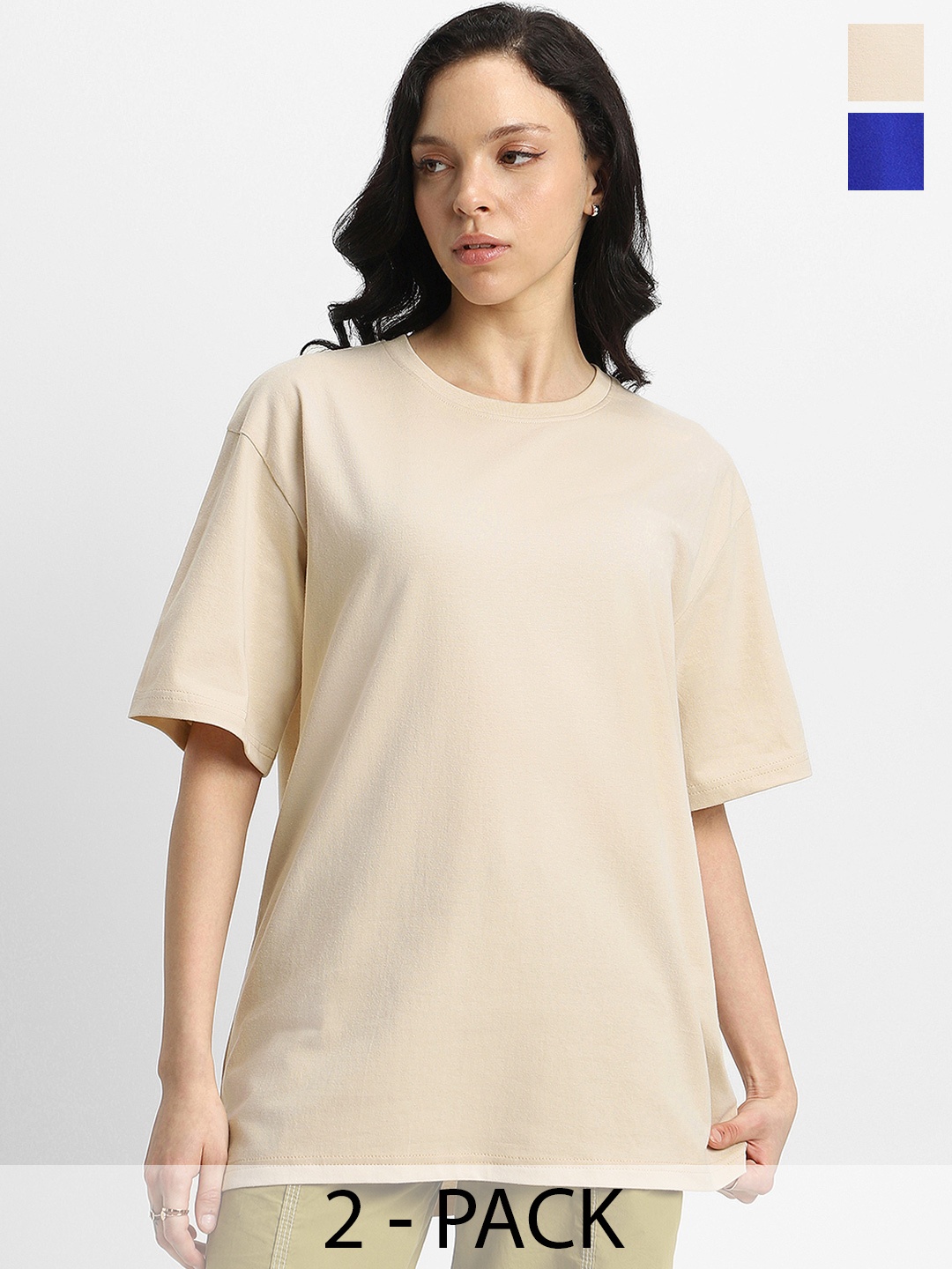 

JUNEBERRY Pack Of 2 Oversized Pure Cotton T-shirts, Beige