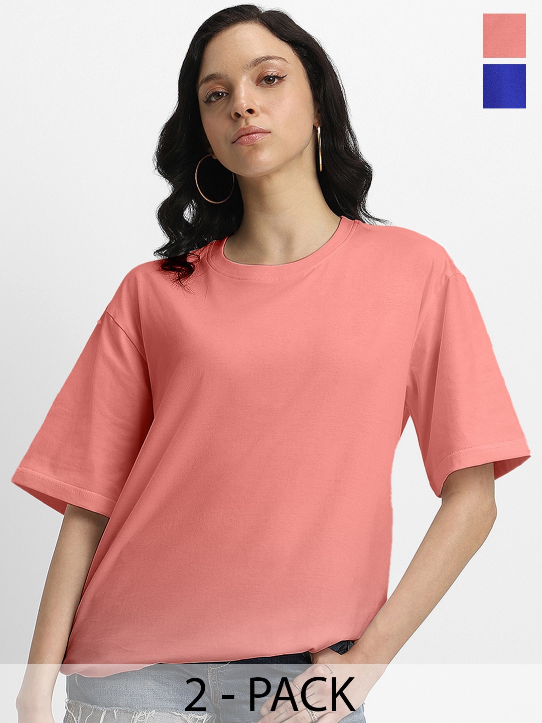

JUNEBERRY Pack Of 2 Round Neck Pure Cotton Oversized T-shirt, Peach