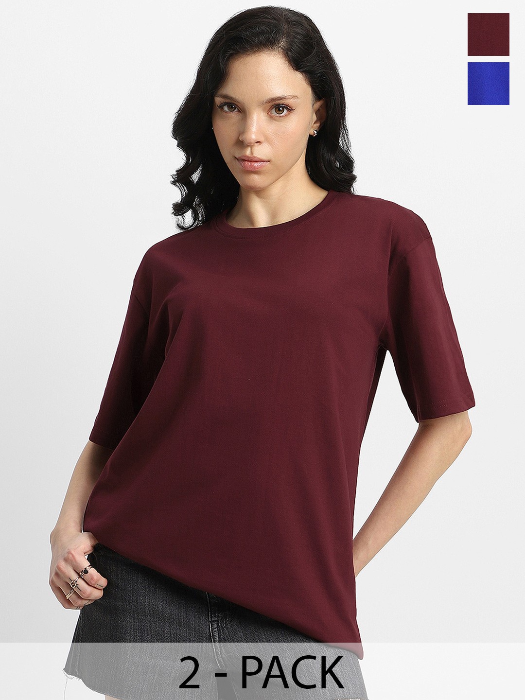 

JUNEBERRY Women Pack Of 2 Solid Round Neck Pure Cotton Oversized Tshirts, Brown