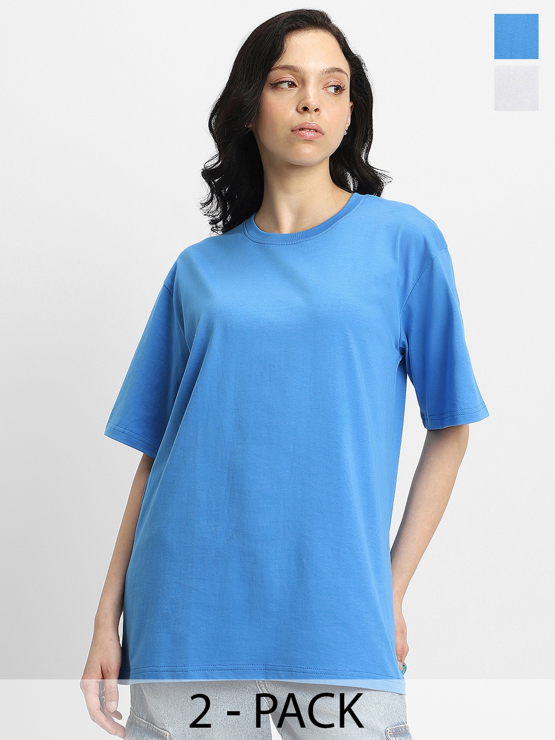 

JUNEBERRY Women Pack Of 2 Solid Round Neck Pure Cotton Oversized Tshirts, Blue