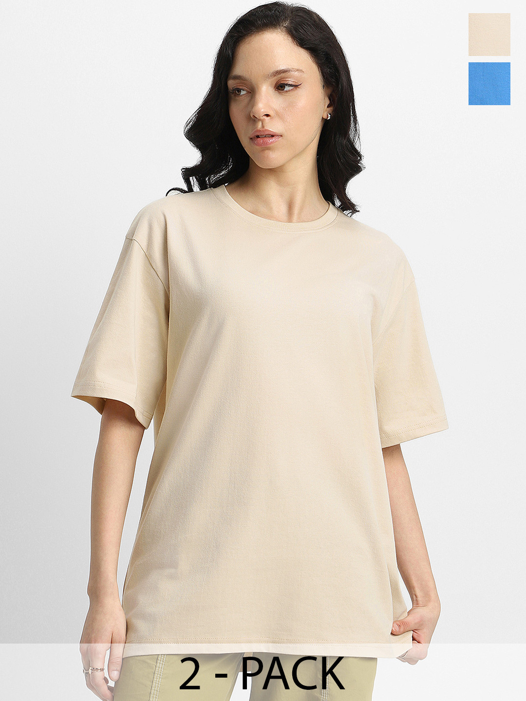 

JUNEBERRY Pack Of 2 Round Neck Pure Cotton Oversized T-shirt, Multi