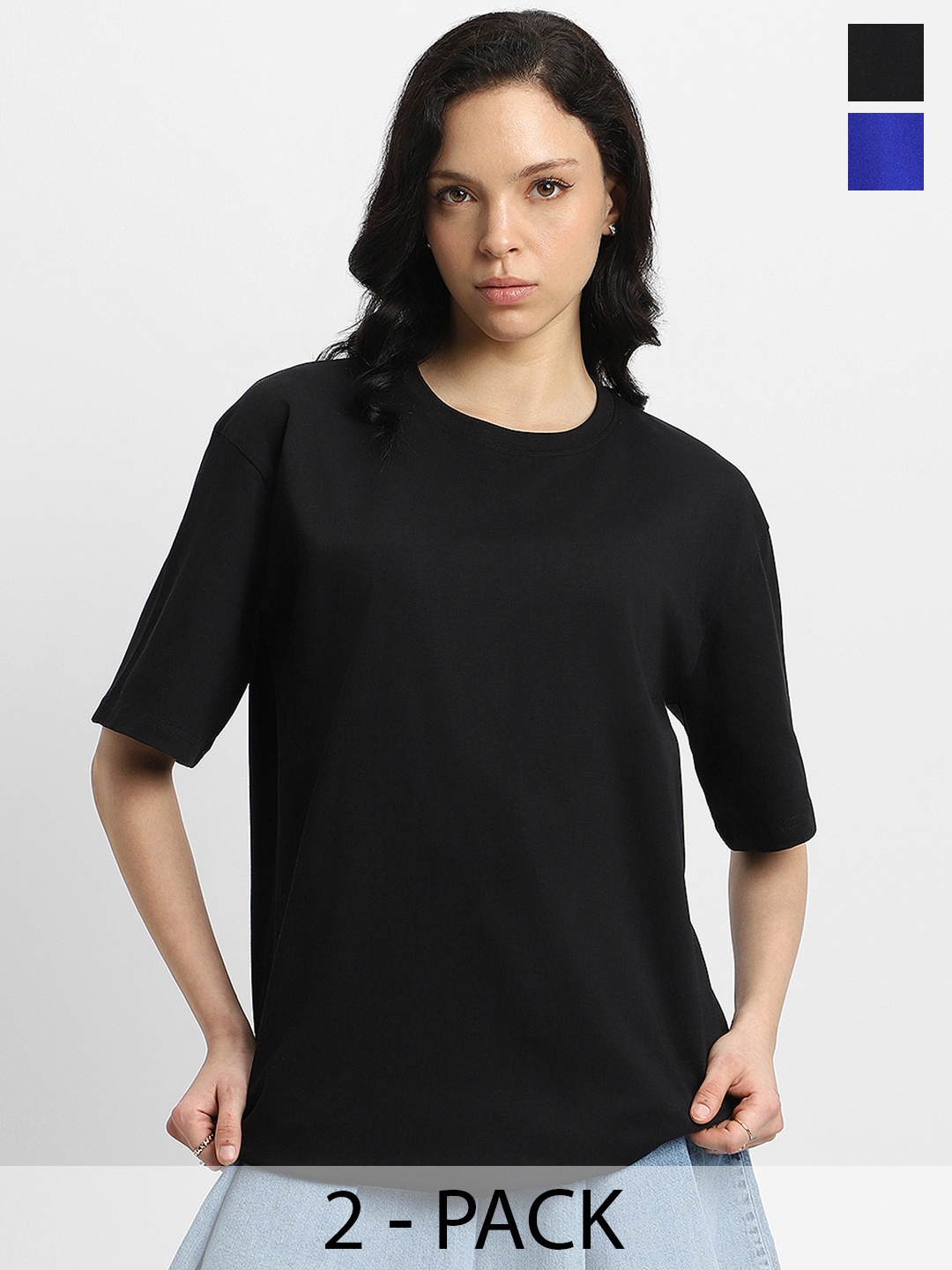 

JUNEBERRY Pack Of 2 Drop-Shoulder Sleeves Oversized Pure Cotton T-shirts, Black