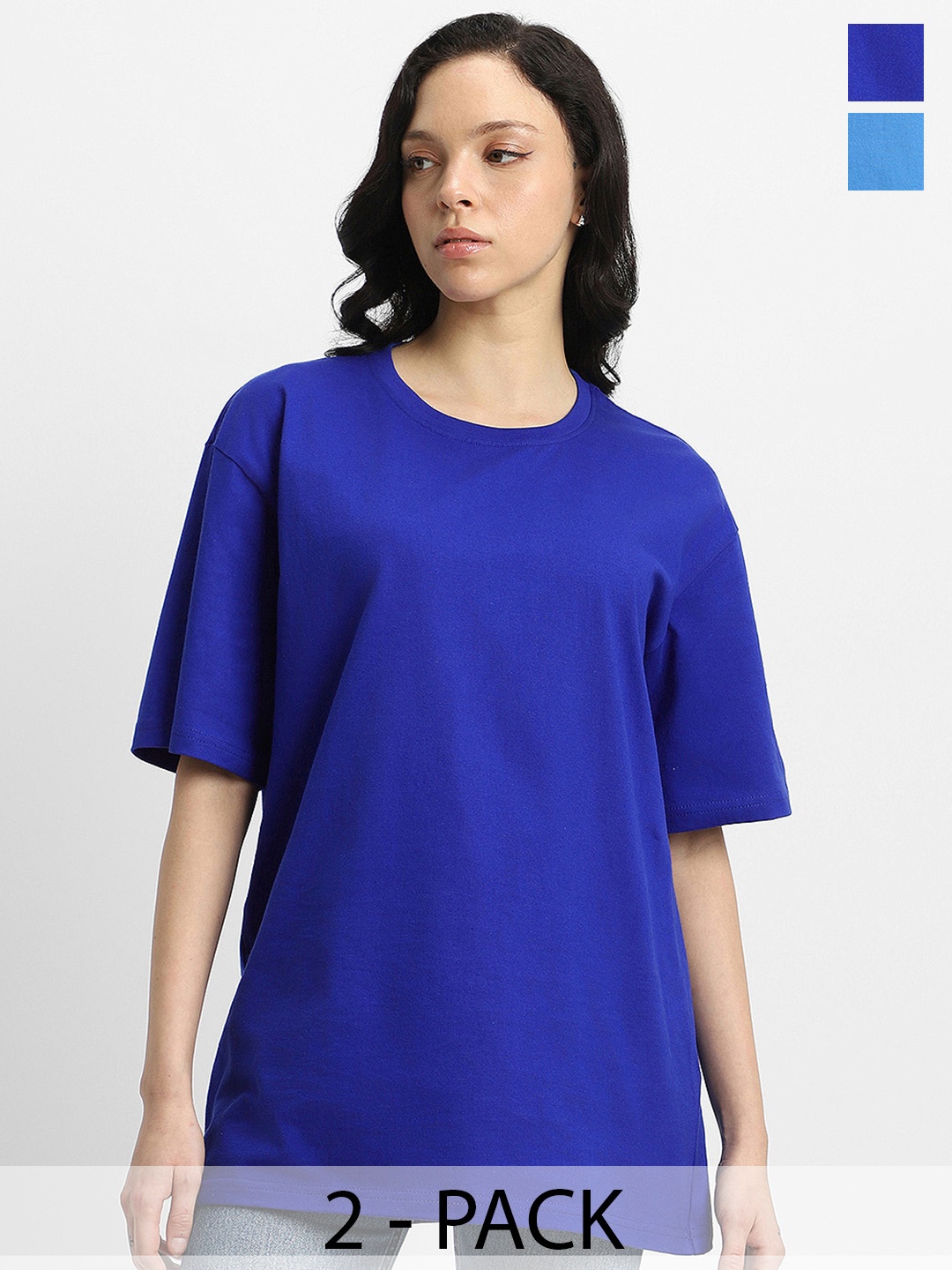 

JUNEBERRY Women Pack Of 2 Solid Round Neck Pure Cotton Oversized Tshirts, Blue