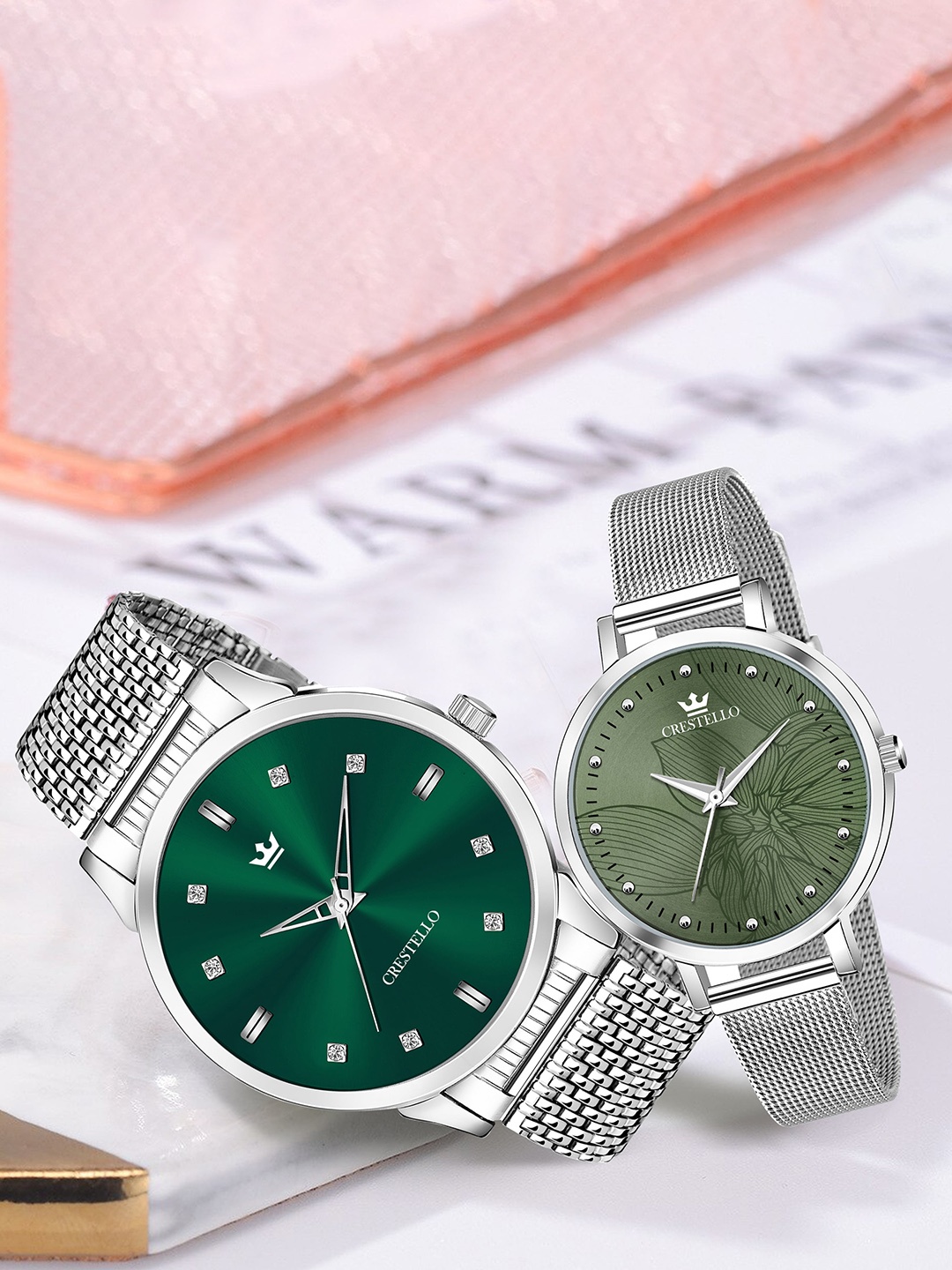 

CRESTELLO Unisex Embellished Stainless Steel Dial Analogue His & Her Watch CRCM-001-134, Green