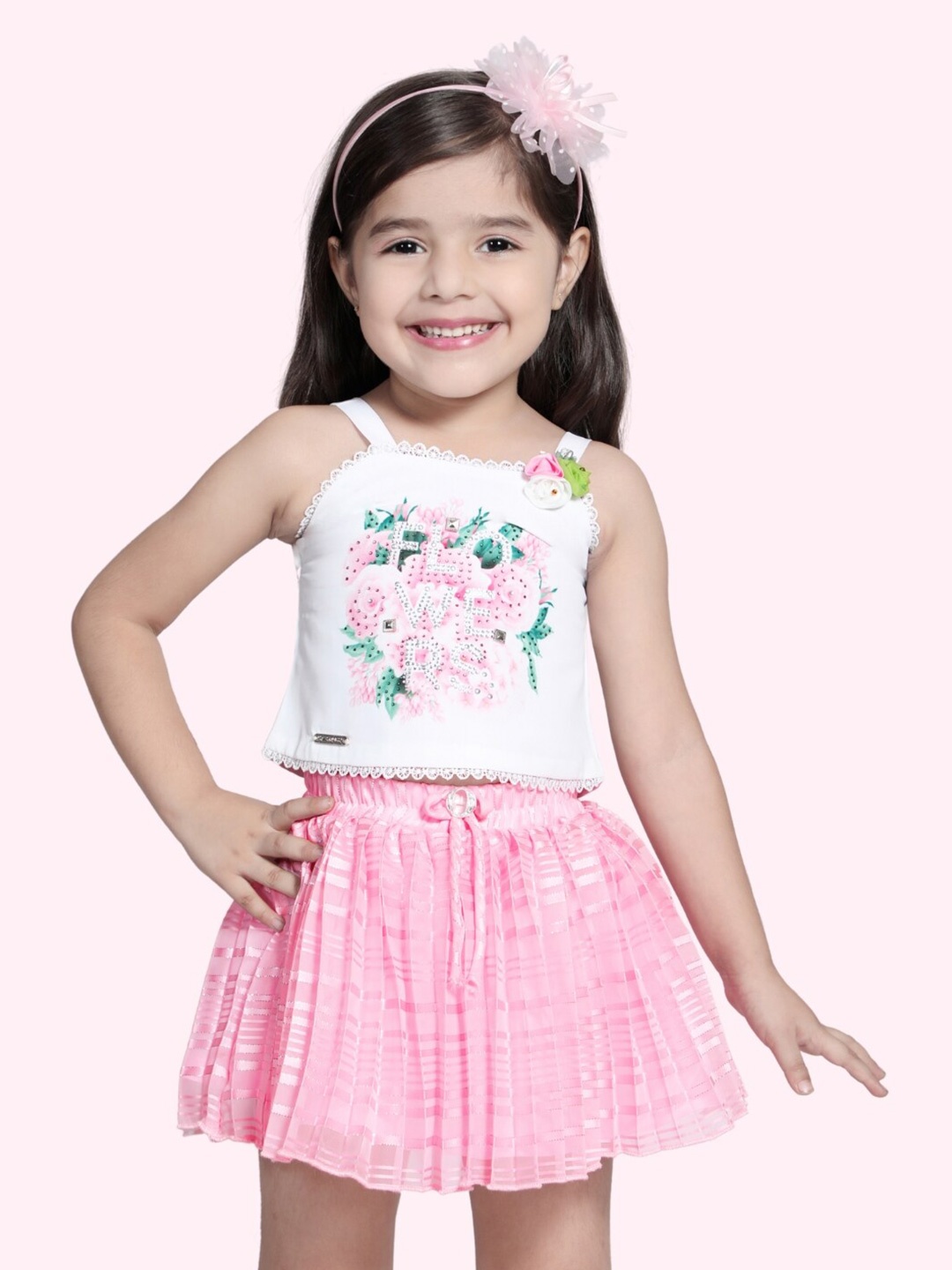 

Little Dolly Girls Floral Printed Sleeveless Georgette Fit & Flare Dress, Pink