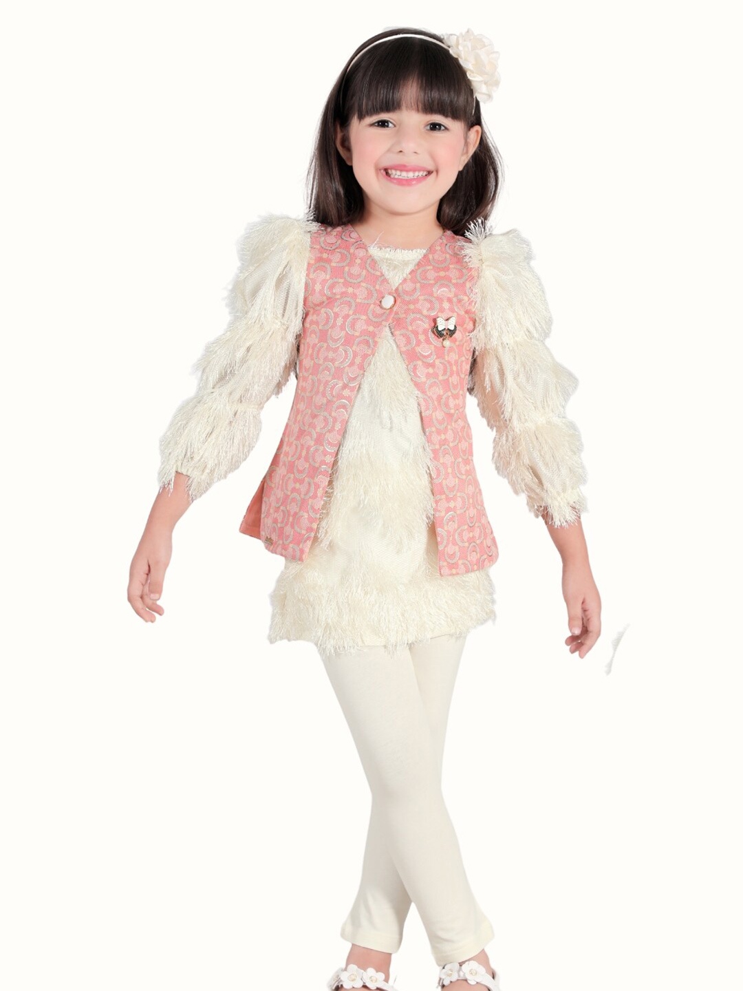

Little Dolly Girls Printed Top with Leggings & Waistcoat, Peach