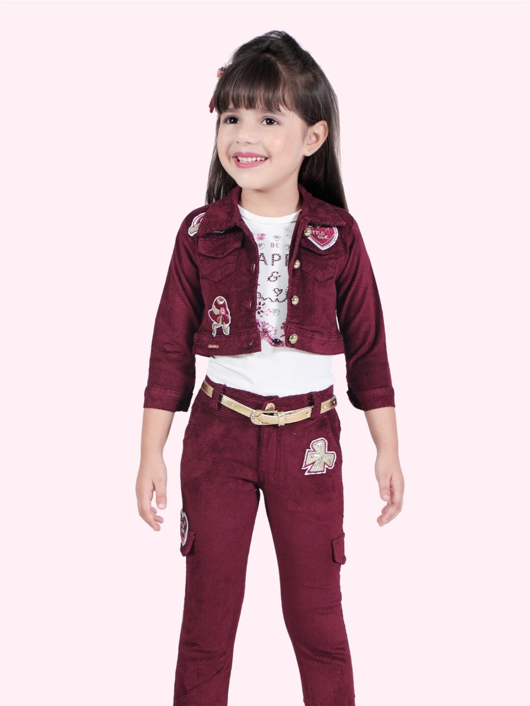 

Little Dolly Girls Printed T-shirt and Shirt with Trousers, Maroon