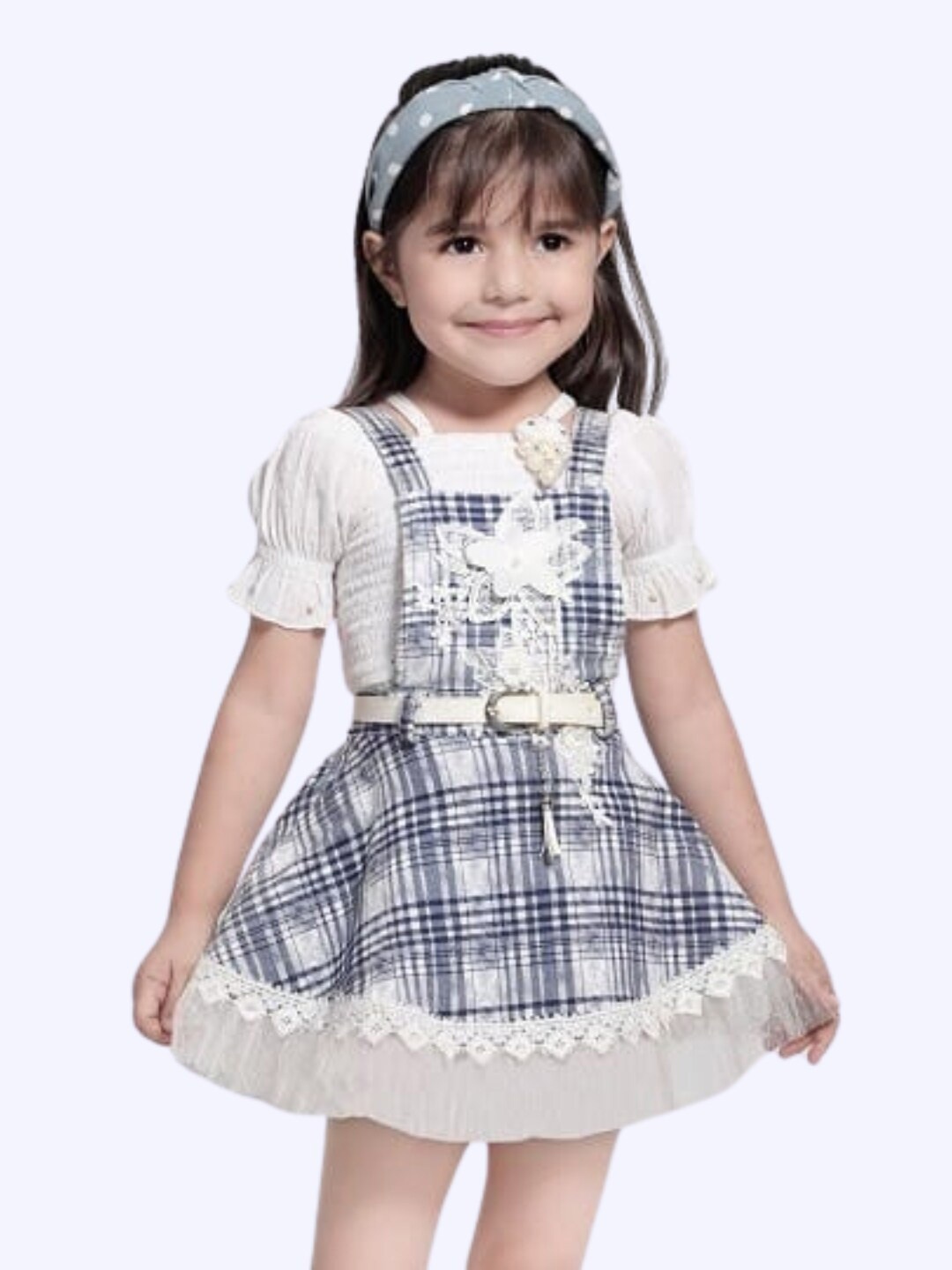 

Little Dolly Girls Checked Square Neck Fit & Flare Dress, Navy blue