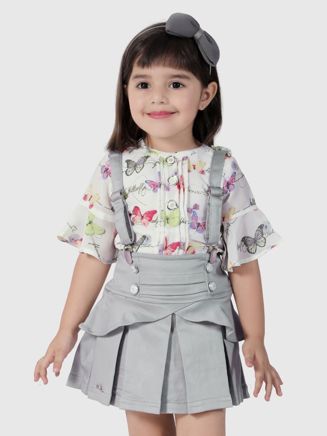 Little Dolly Girls Floral Printed Bell Sleeve Georgette Fit & Flare Dress, Grey