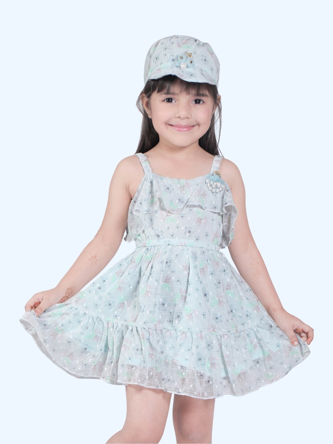 

Little Dolly Girls Floral Printed Ruffled Shoulder Straps Georgette Fit & Flare Dress, Blue