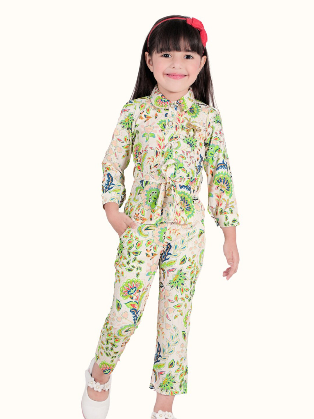 

Little Dolly Girls Printed Shirt Collar Long Sleeves Tunic with Trousers, Green