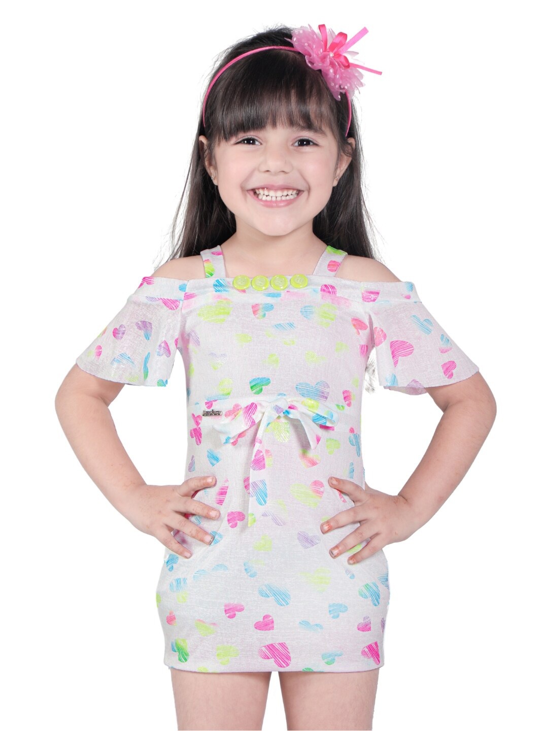 

Little Dolly Girls Floral Printed Off-Shoulder Cold-Shoulder A-Line Dress, White