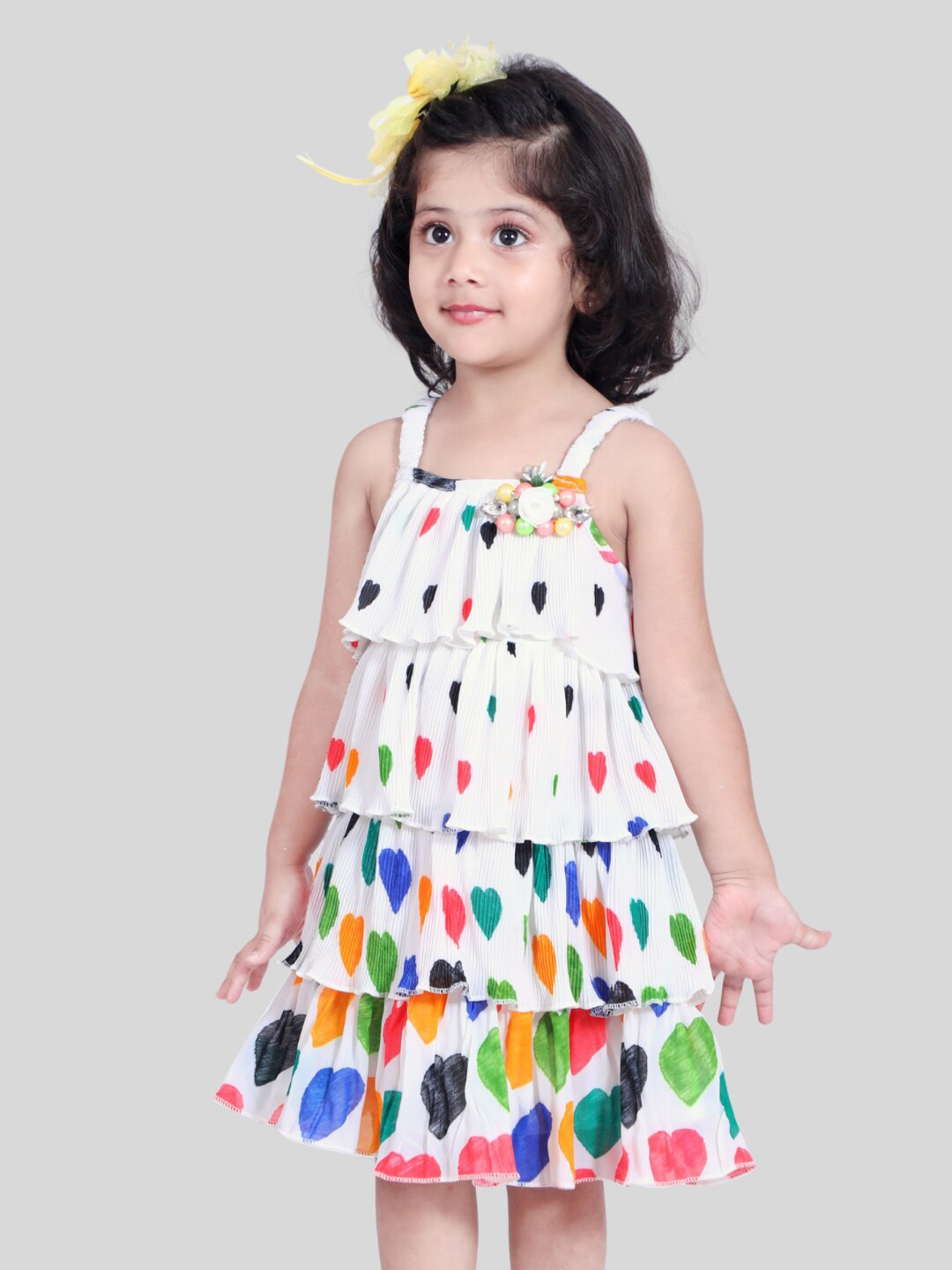 

Little Dolly Girls Polka Dot Printed Shoulder Straps Ruffled Georgette A-Line Dress, White