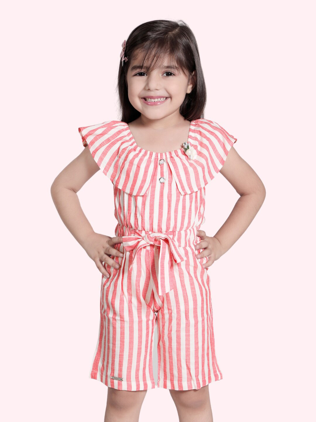 

Little Dolly Girls Striped Round neck Tie-Up Detailed Cotton Playsuit, Peach