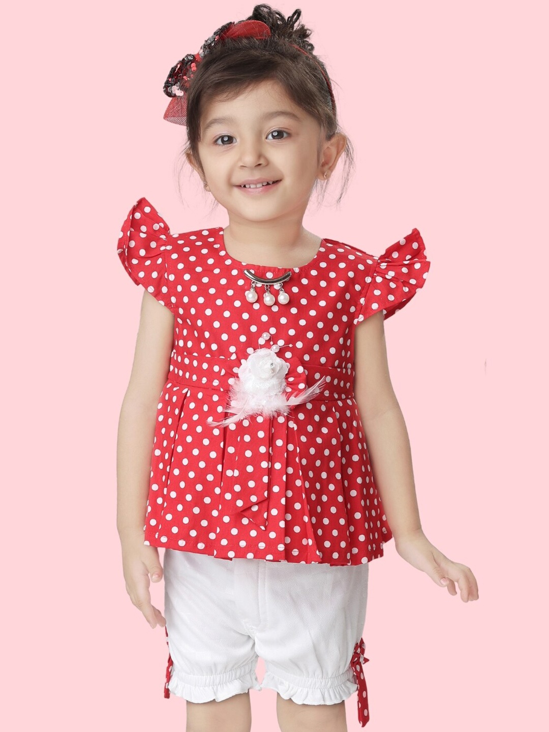Little Dolly Girls Striped Pure Cotton Top with Shorts, Red