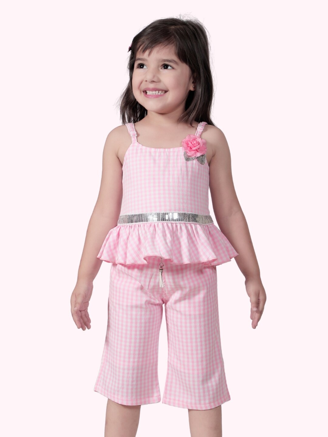 

Little Dolly Girls Striped Shoulder Straps Sequined Peplum Dress, Pink