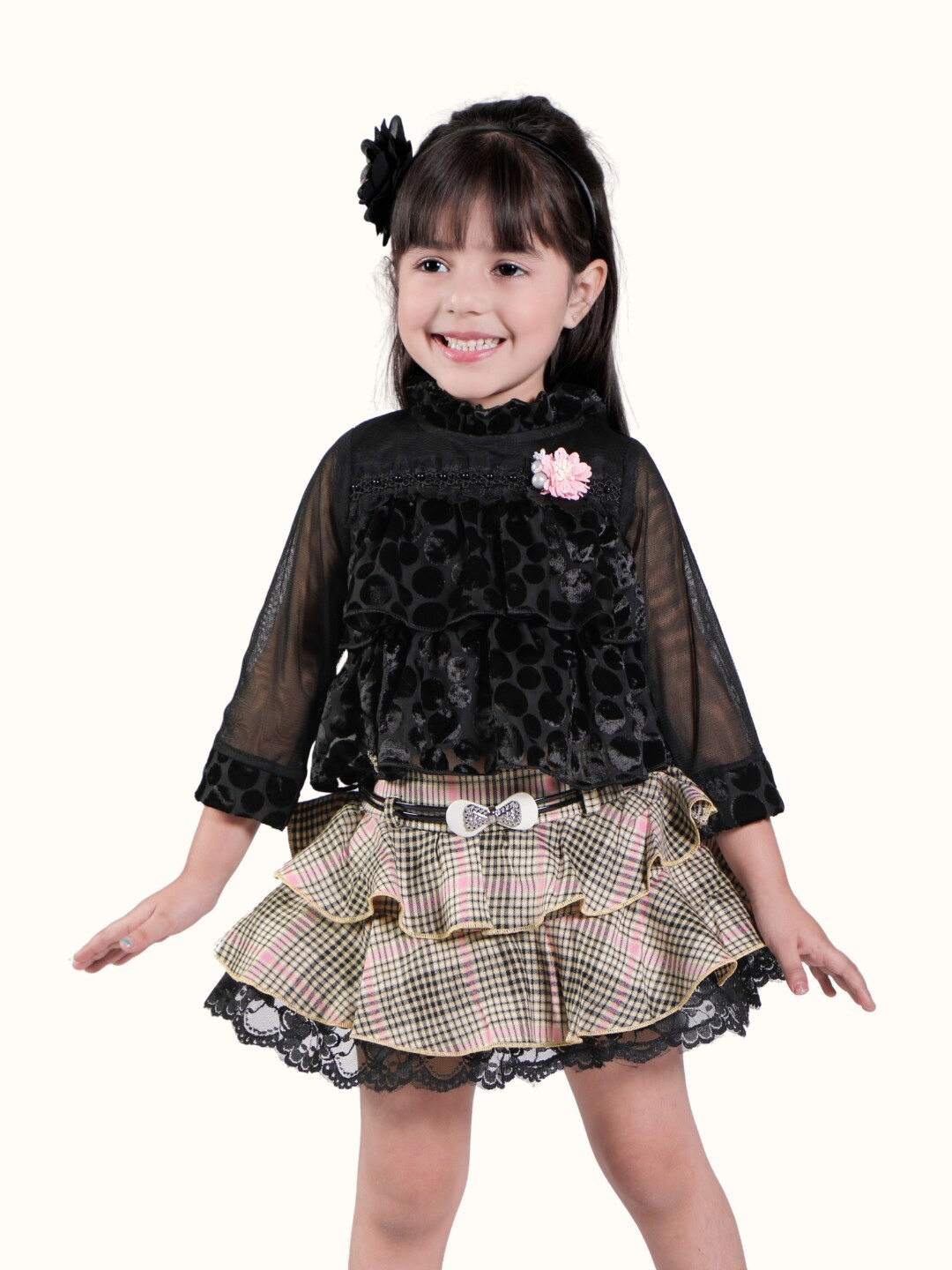 

Little Dolly Girls Floral Printed Mock Neck Layered Lace Fit & Flare Mini Dress, Black